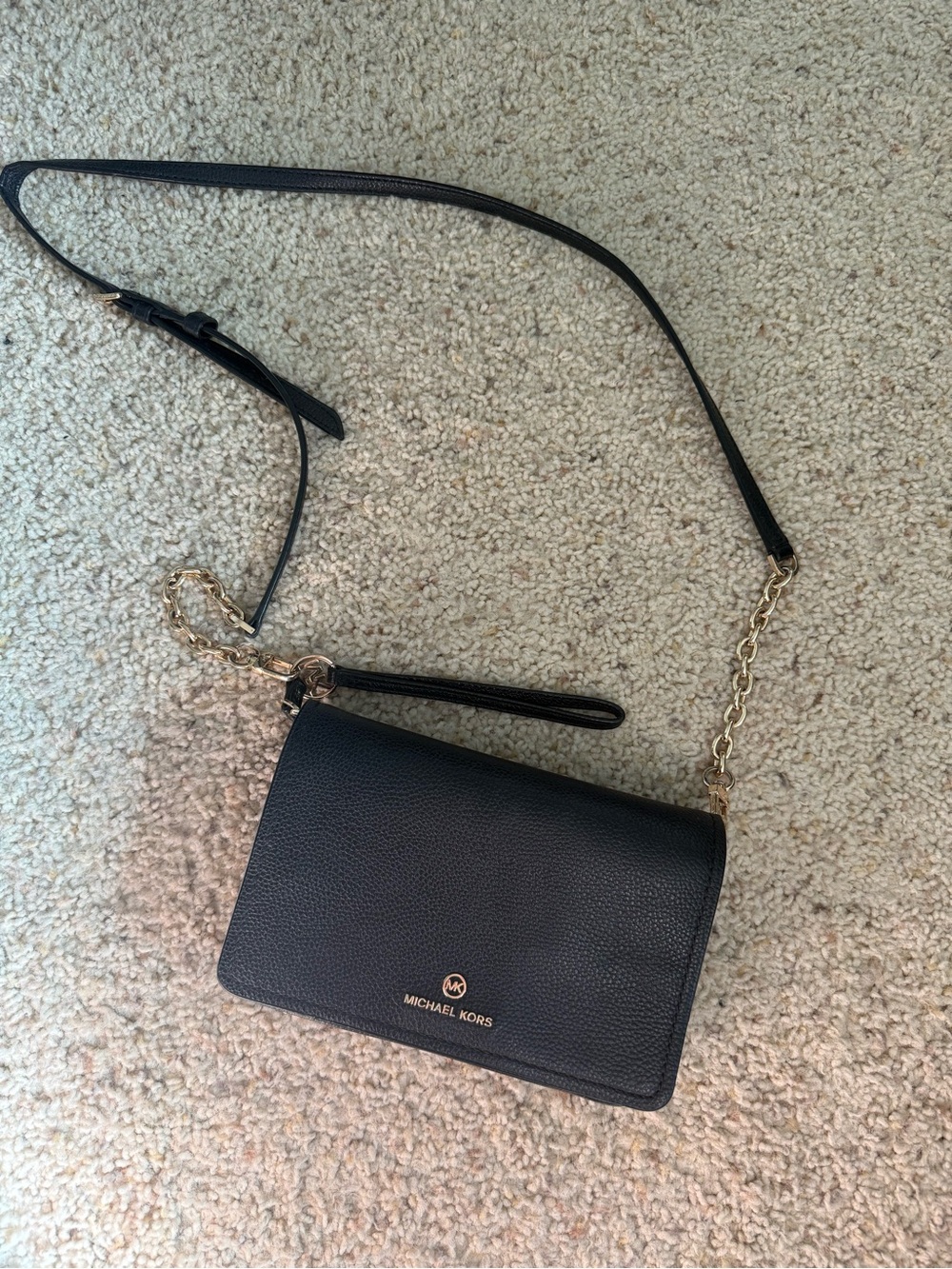 Michael Kors Black Pebbled Leather Crossbody with Gold Chain